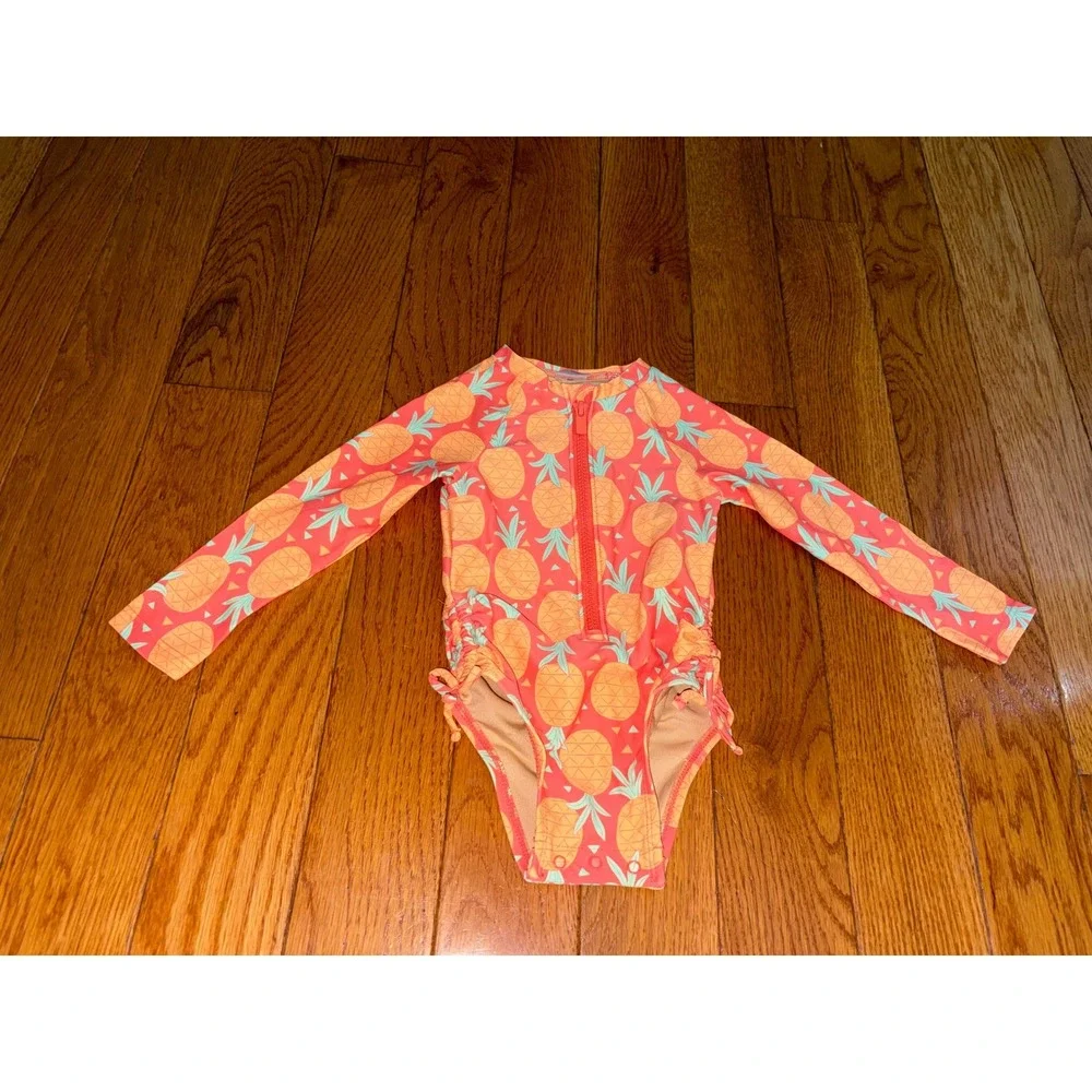 Old Navy Girls Pineapple Rash Guard Swimsuit Coral Pink Long Sleeve 12-18M